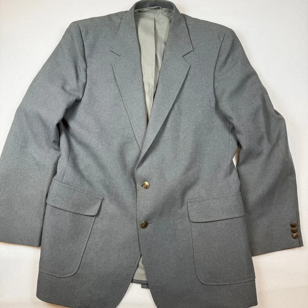 Haggar Blazer Jacket Mens 44L Gray Washable 2-Button Gold Buttons Vintage Style